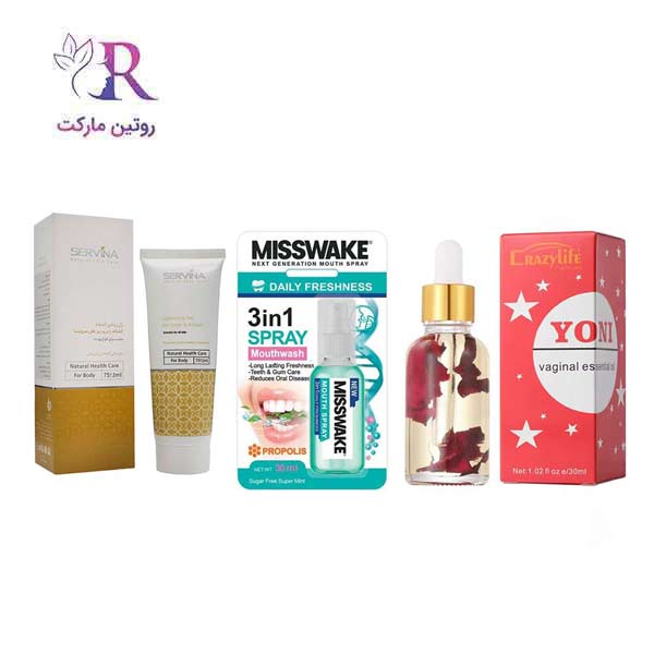 معرفی کامل پک بهداشتی ویژه بانوان روغن خوشبوکننده و ضدعفونی کننده یونی ، اسپری خوشبوکننده و شوینده دهان میسویک با رایحه نعنا ، ژل روشن کننده و سفید کننده کشاله ران سروینا