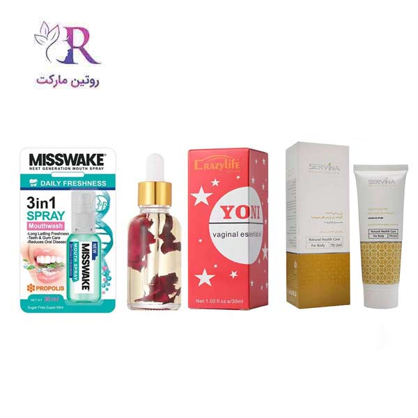 ارسال فوری و محرمانه پک بهداشتی ویژه بانوان روغن خوشبوکننده و ضدعفونی کننده یونی ، اسپری خوشبوکننده و شوینده دهان میسویک با رایحه نعنا ، ژل روشن کننده و سفید کننده کشاله ران سروینا